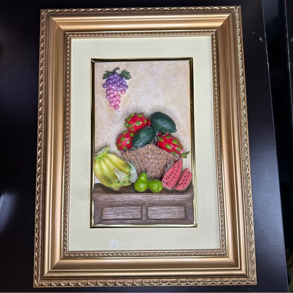 Vintage 3D Fruit Basket Wall Art in Ornate Gold Frame Italian 16”X12” Art Deco
